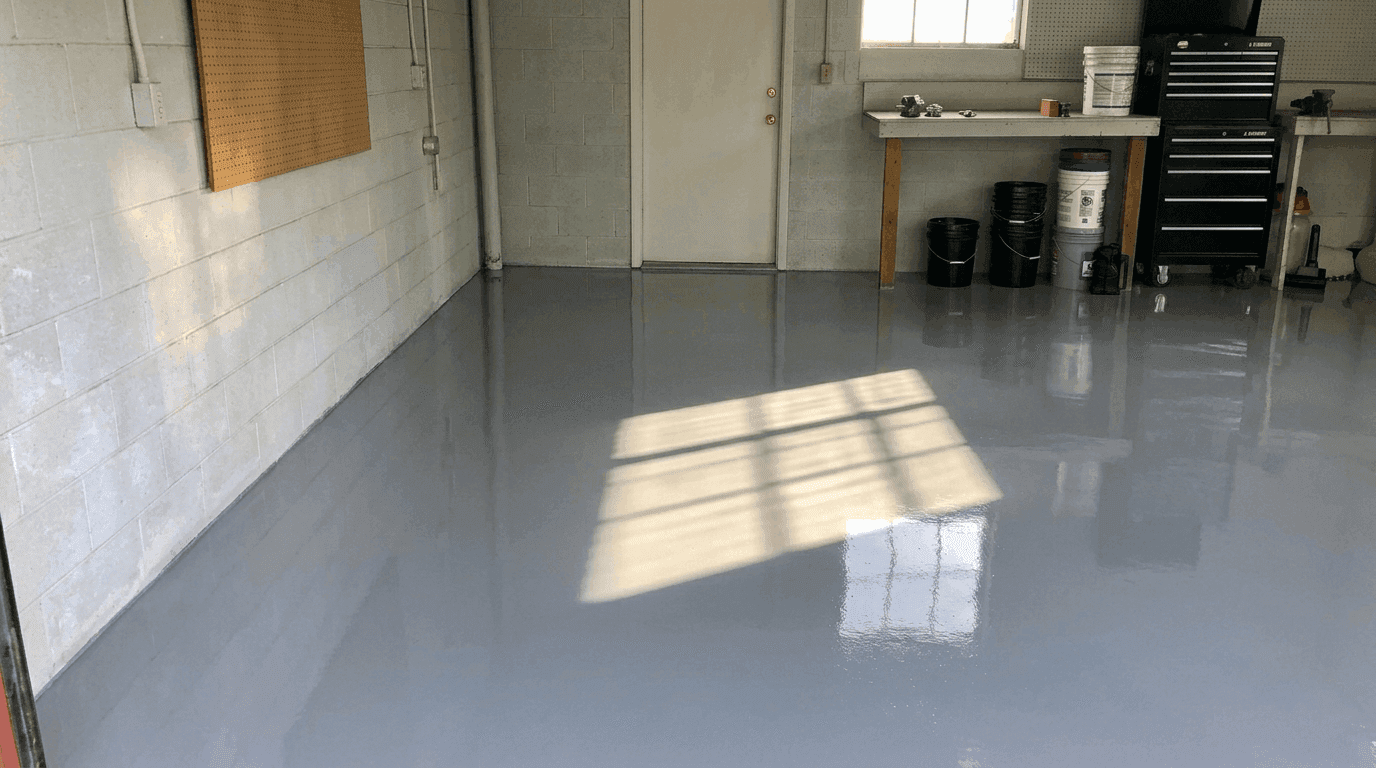 A smooth and glossy epoxy-coated concrete floor