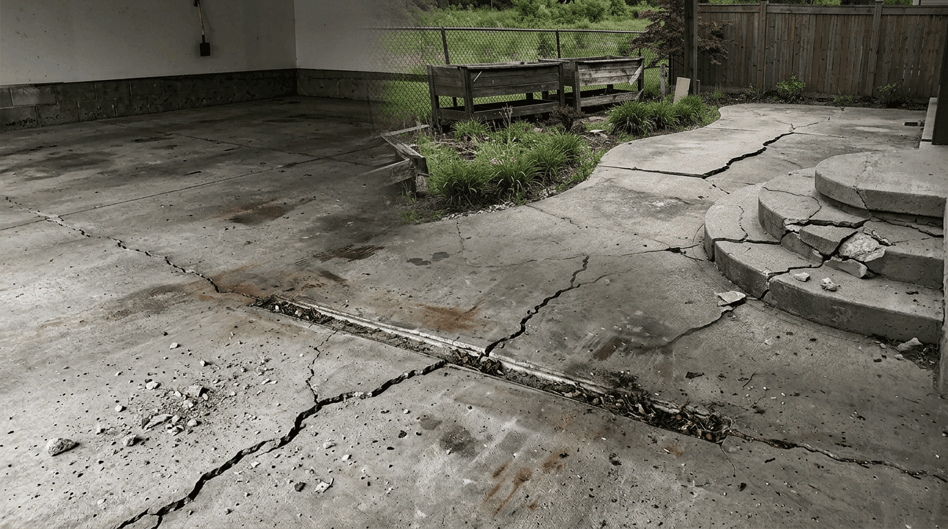 Discolored and damaged concrete floor before treatment