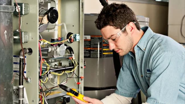 HVAC technician working on equipment in a utility space